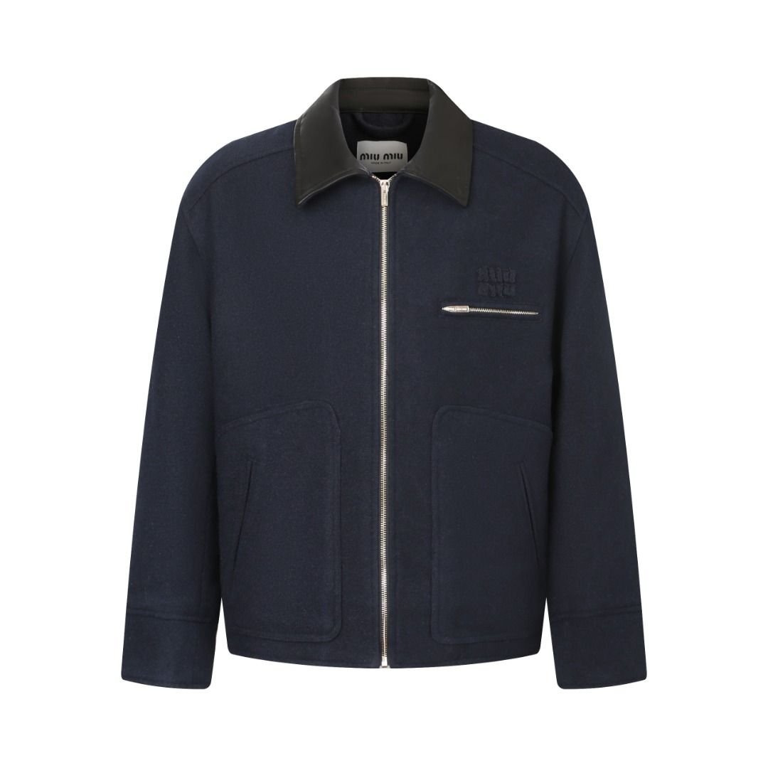 MIUMIU 미우미우 레더 카라 울 블렌드 블루종 자켓
