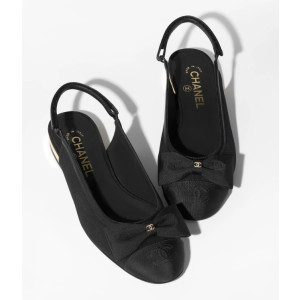 ●실사● 샤넬 리본 로고 블랙 슬링 플랫 슈즈